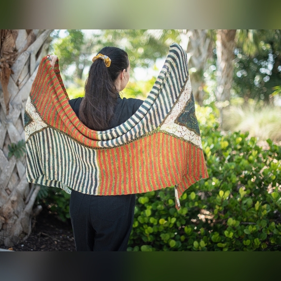 Shawl Large Striped Lace Green Red Yellow Hand Knit Wrap - Picture 4 of 15